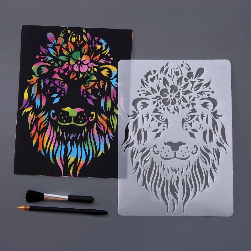 Animal Tiger Elk Scratch Art Paper A4 Hollow Out Painting Template Scratch Painting Mould DIY Scrapbooking Journal Decoration