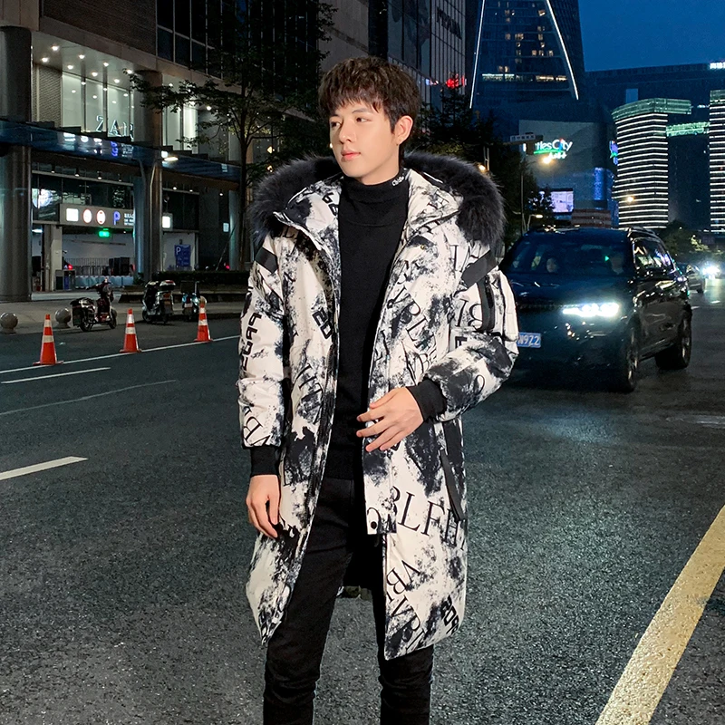 Down jacket men's mid long winter trend Hooded coat couple's winter new thickened warm men's and women's camo graffiti brand fur