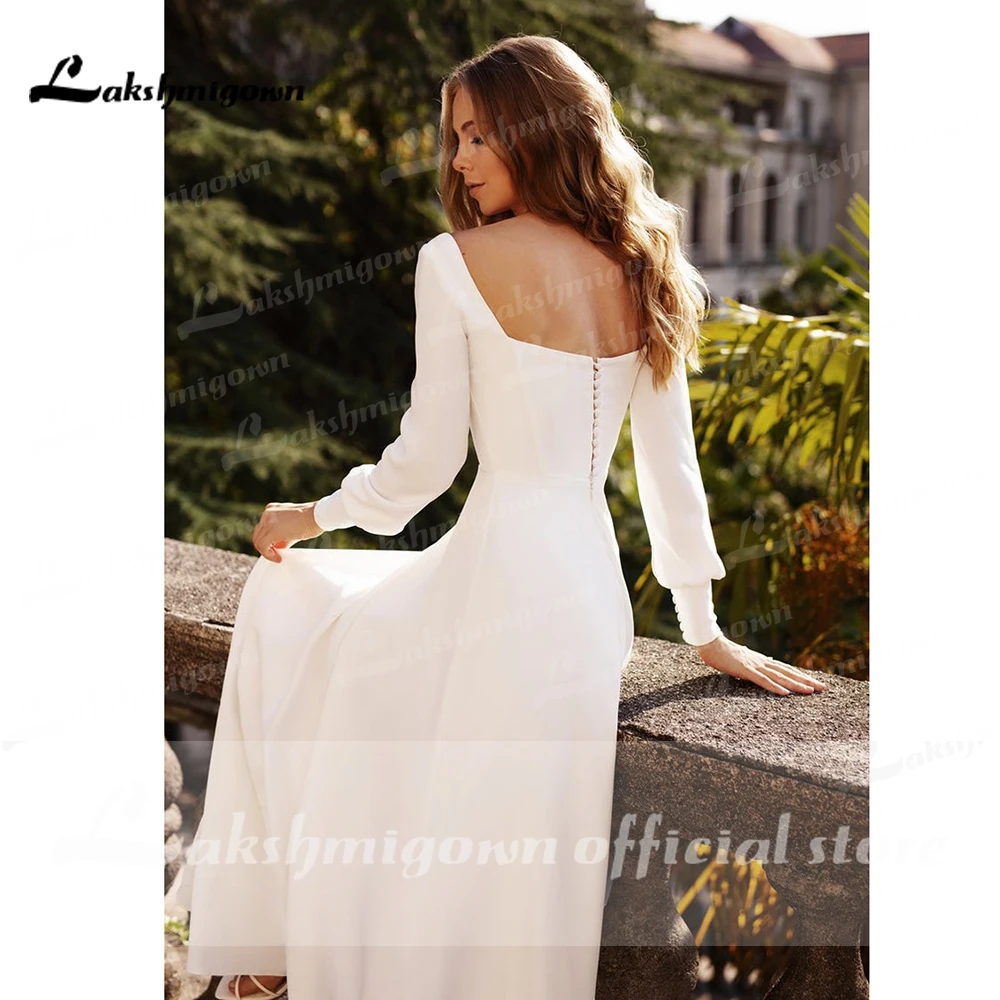 Robe de mariée raso semplice manica lunga collo quadrato nuovi abiti da sposa con bottoni posteriori trajes de novia sencillos