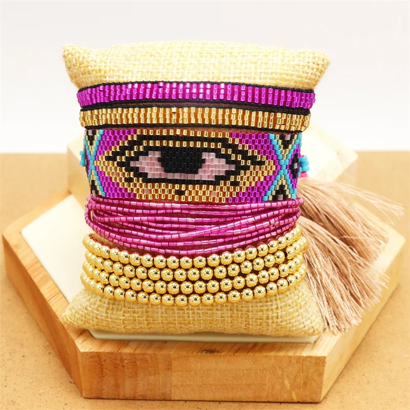 ZHONGVI Bohemian Friendship 5pcs One Set Eye Lady Crystal Jewelry Women Adjustable  Handmade Woven Tassel Miyuki Bead Bracelet