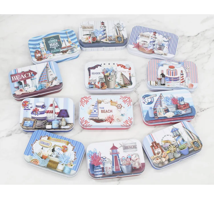 12 Pc/Lot  Middle Size Beach Sail Cover Iron Tin Card metal Case / Can/Square Coin Ornaments Storage Gift Box