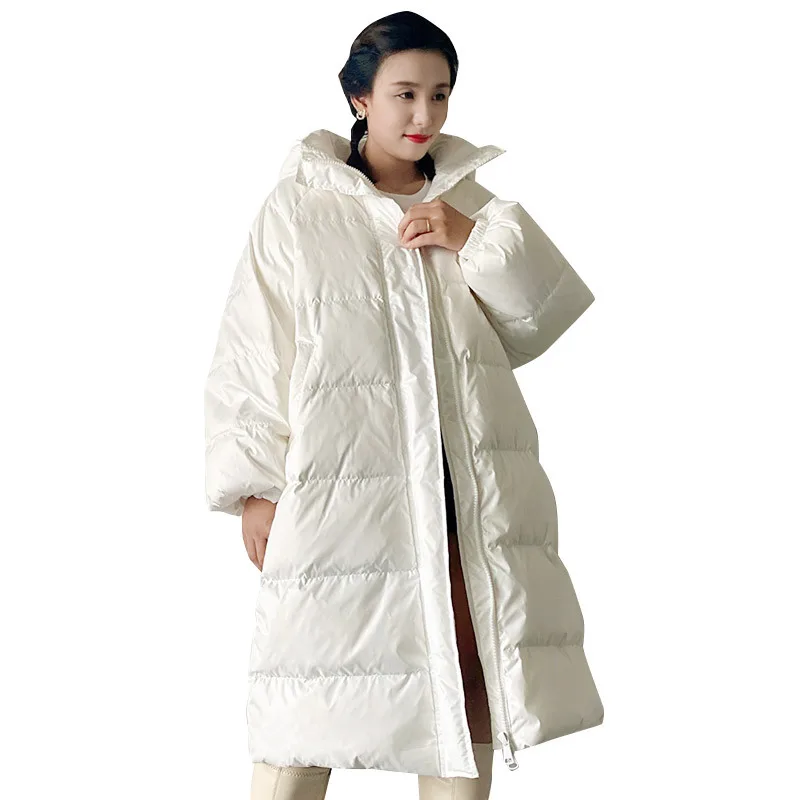 2021 women\'s down jacket winter white office lady long loose large size fashion white duck down casual large fat lady hood coat