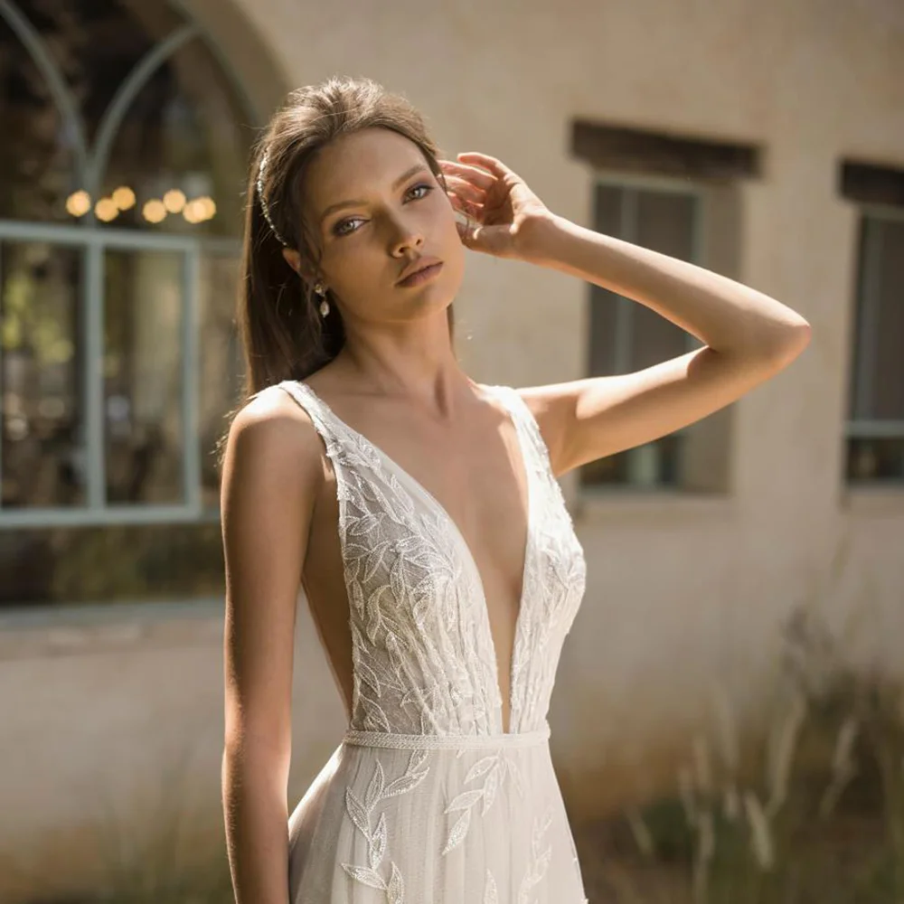 Elegante vestido De Novia con espalda abierta, cuello en V profundo, Simple, sin mangas, apliques De encaje, Vestidos De Novia De princesa, talla grande