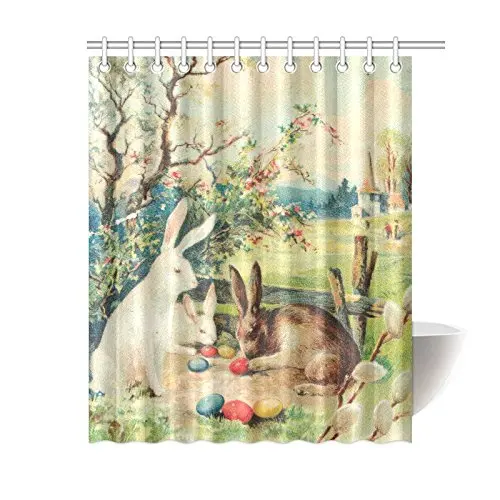 Vintage Hares Rabbit Home Decor Easter Bunnies Eggs Polyester Fabric Shower Curtain