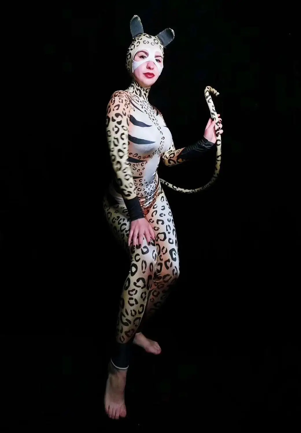 Women New Leopard Pattern Printing Cat Cosplay Jumpsuit Singer Bodysuit Stage Outfit Dance Prom Bar Model Show Outfit