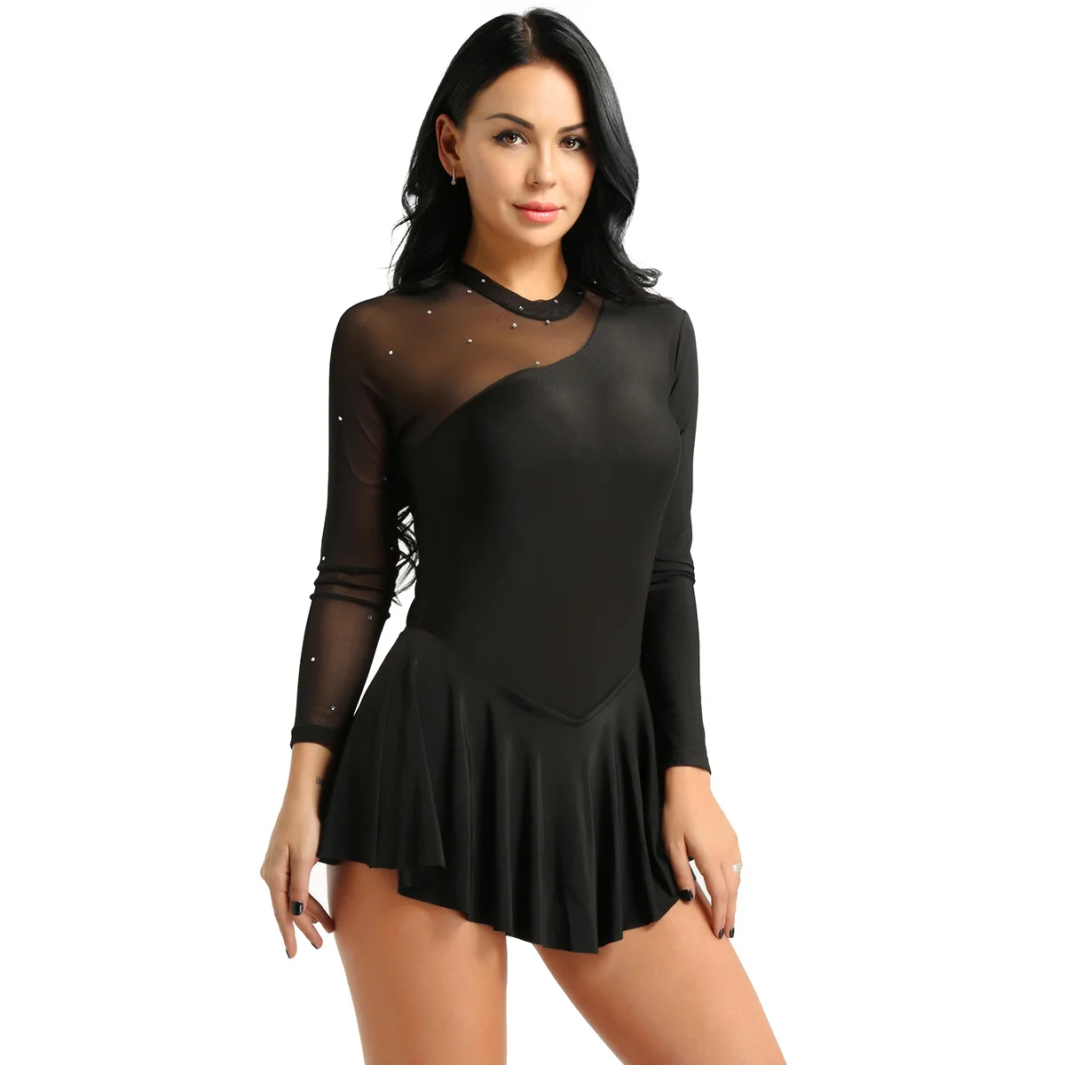 Robe de patinage artistique à manches longues avec biscuits brillants pour femmes adultes, tutu en maille transparente, robe de ballet AqDance, vêtements de danse justaucorps