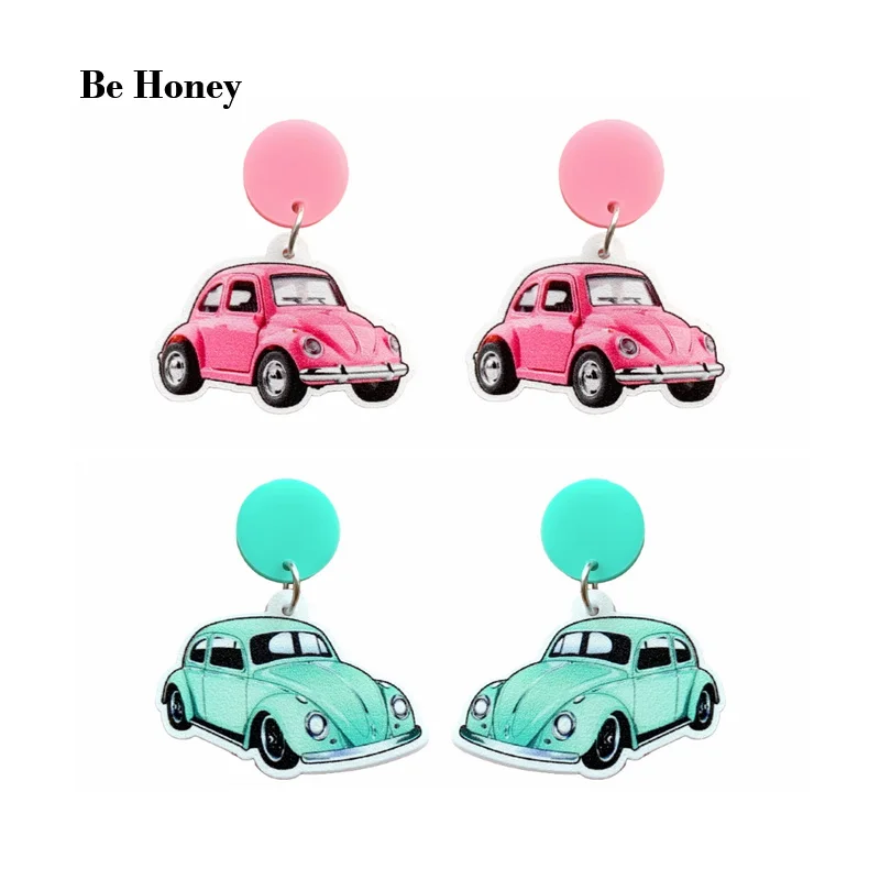 New Arrivals Pink And Blue Vintage Lowrider Beetle Cars Pendants Acrylic Stud Earrings For Women Cute Fashion Jewelry Girls Gift