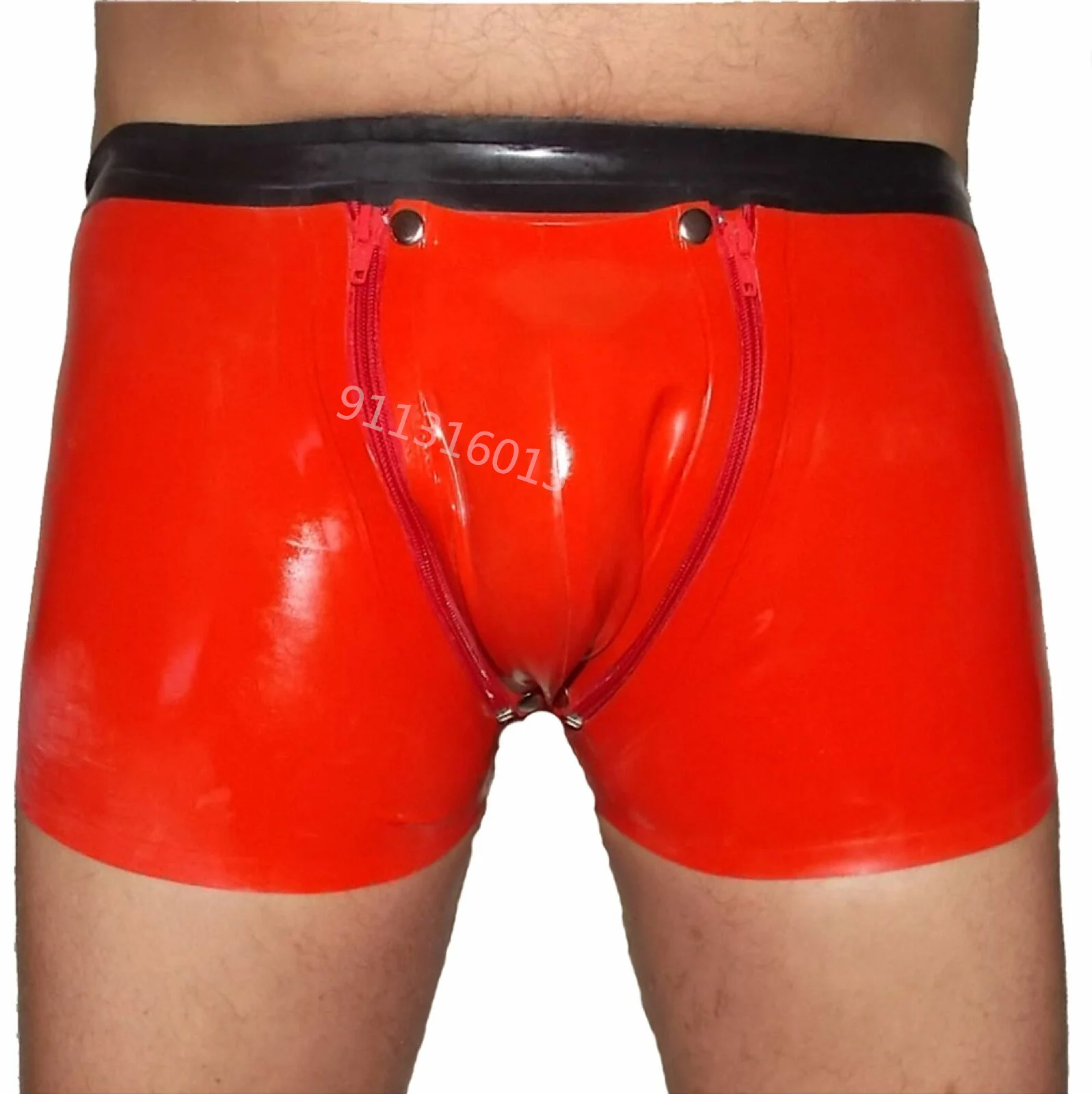 Man's latex rubber boxer shorts Latex Shorts With Double Zipped Purse / Inner Pouch Red Size