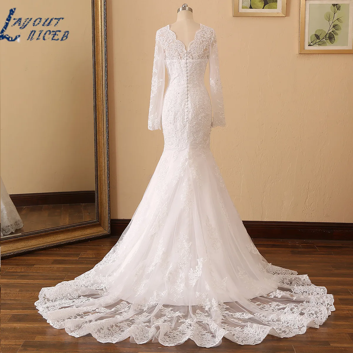 LAYOUT NICEB Sereia Vestidos de Casamento Mangas Compridas V Neck Beading Lace Applique Vestido de Noiva Personalizado Mulheres Civil Vestido De Noiva Sereia de casamento com mangas compridas V colarinho de pérolas com