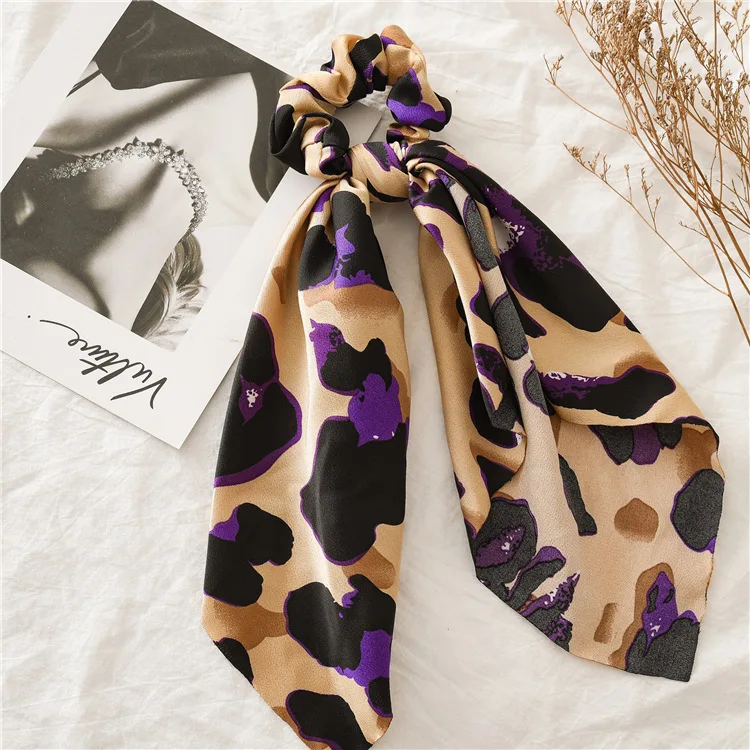 Women Leopard Print Elastic Hair Band Fashion Hair Scarf Ladies Ribbon Scrunchie Satin Bowknot Rubber Bands Girls Hair Accessory