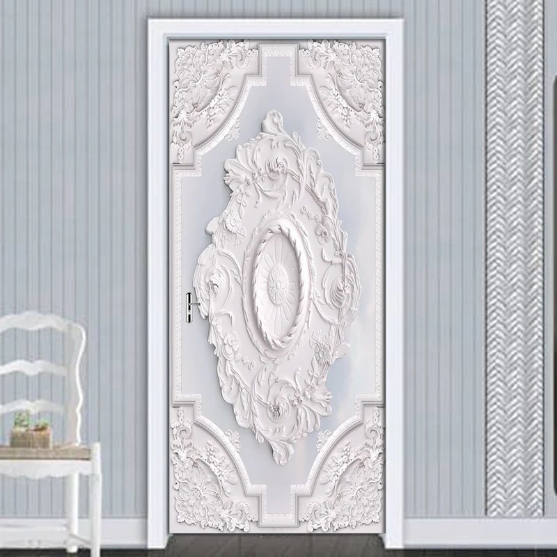 3D White European Pattern Carved Door Stickers Mural Living Room Door PVC Self-adhesive Waterproof 3D Wallpaper Home Door Decals