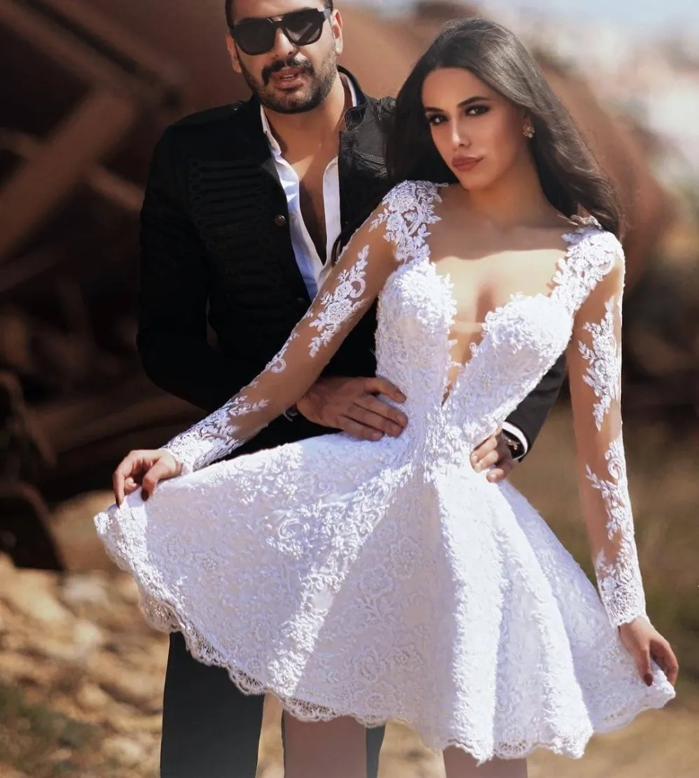 Vestido De Novia Corto De encaje De manga larga, Vestido De Novia blanco con cuello transparente, talla grande, 2023