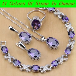 Natural 925 Silver Jewelry Purple Cubic Zirconia White Crystal Jewelry Sets  Women Earrings/Pendant/Necklace/Rings/Bracelet