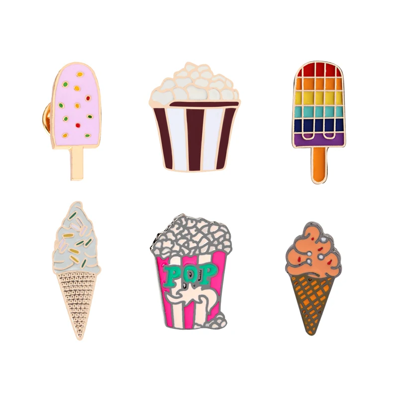 Popcorn Popsicle eis Emaille Pins Kreative Niedlichen Cartoon Broschen Metall Taste Abzeichen Für Frauen Männer Kleidung Revers Pin Schmuck