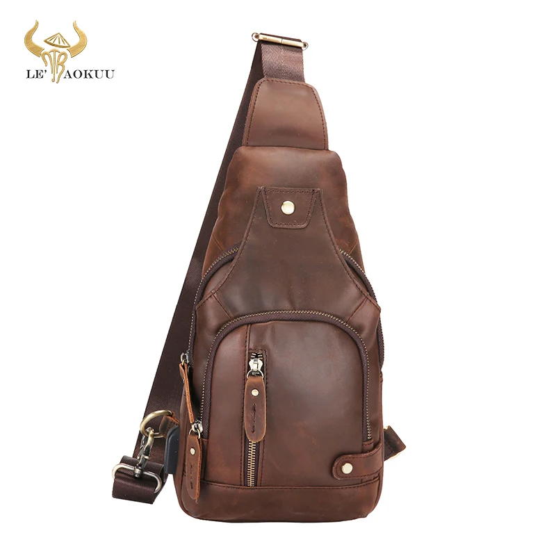 

2022 Trend Real Crazy Horse Leather Retro Sling Chest Bag 8" Tablet Design One Shoulder Strap Cross-body Bag For Men Male 8066