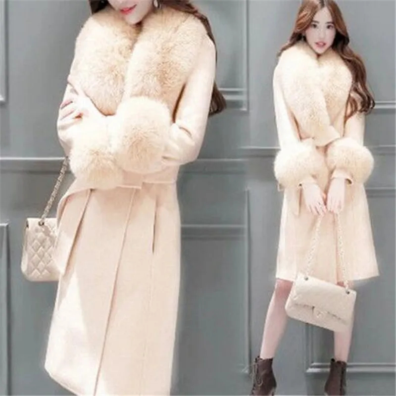 2024 Autumn Winter High End Fashion Coat Slim Was Thin Woolen Coat Faux Fur Fur Collar Slim Was Thin Mid-length Coat Women Coat