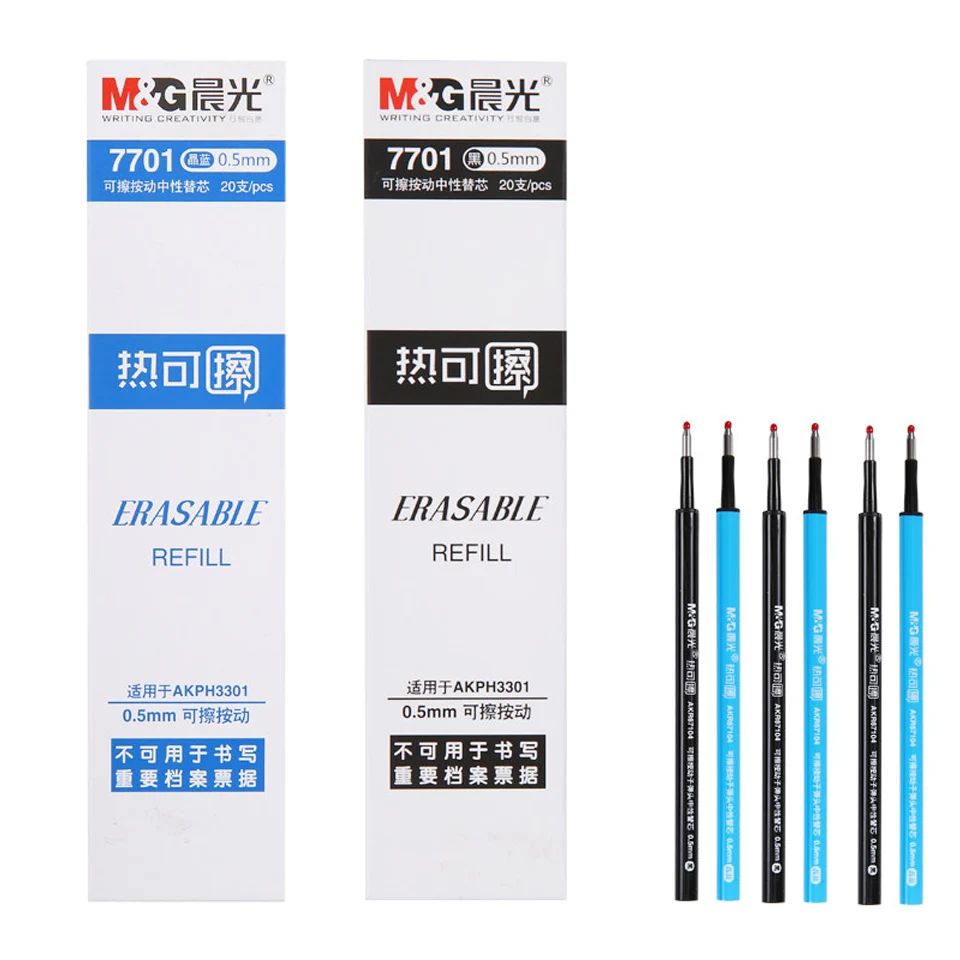 20 Pcs/lot Retractable Erasable Gel Pen Refill 0.5mm Blue/Black/Crystal Blue Thermal Erasable Pen for Student School Stationery