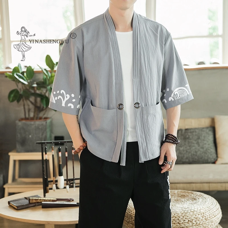 2020 Men Japanese Kimono Print Yukata Coat Summer Seven-point Sleeve Suit Linen Jacket Male Samurai Japan Haori Cardigan Costume