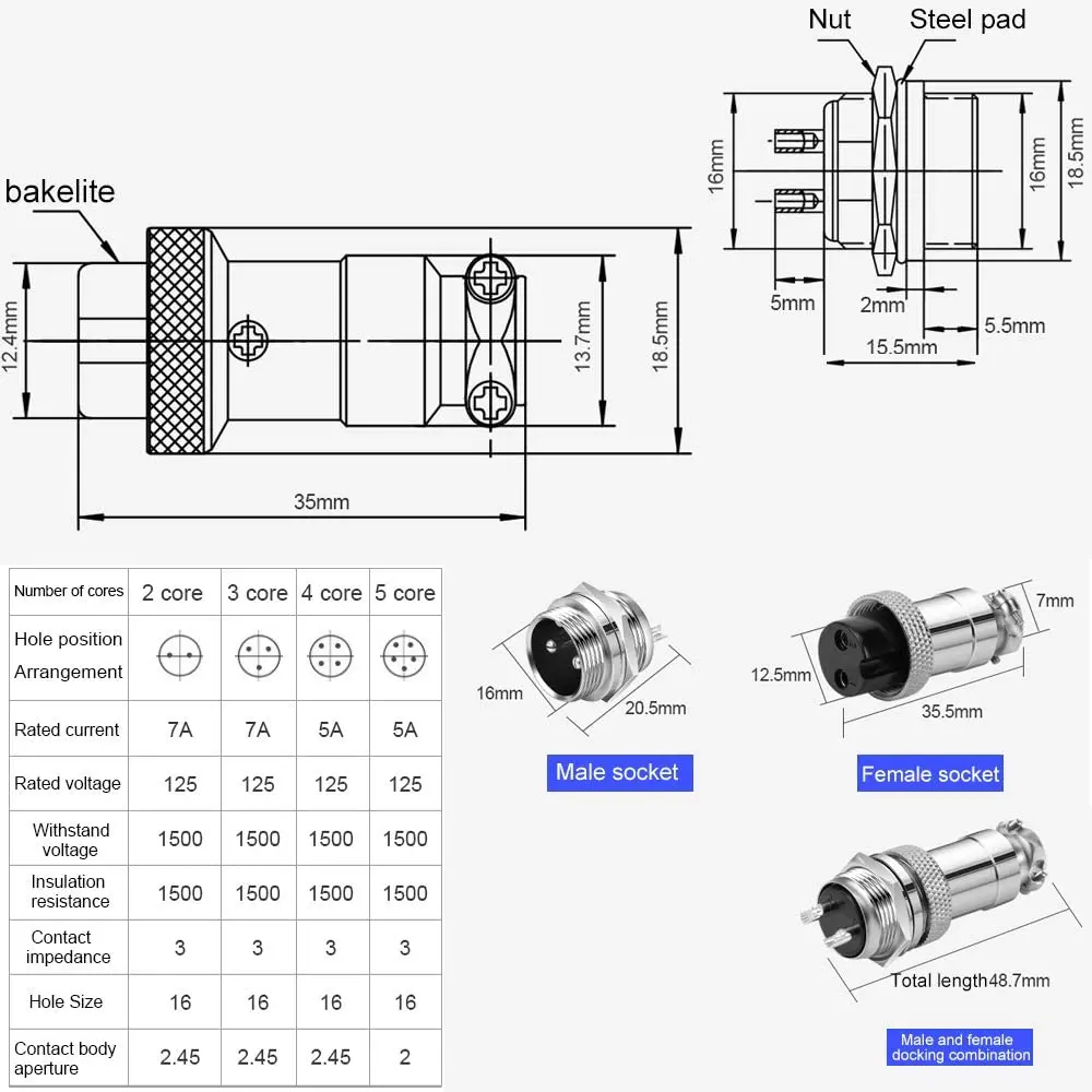 8PCS(Pairs 16mm Thread Male Female Panel Metal Aviation Wire Wire Connector Plug Assortment Kit (2 P / 3 P / 4 P / 5P)