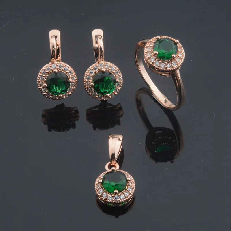 FJ Green/Blue/Pink Stone Women 585 Gold Rose Color Round Cubic Zircon Pendant Earrings Rings+Optional Necklace Chain