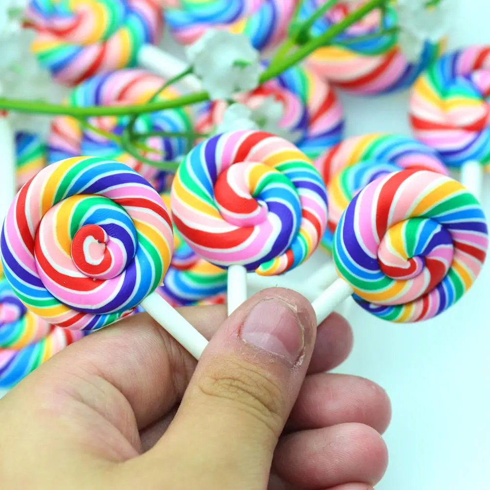 20PCS 28X47mm Polymer Clay Rainbow Color Lollipops-Dollhouse Party Decoration Candy Miniatures-Scrapbooking Lollipops