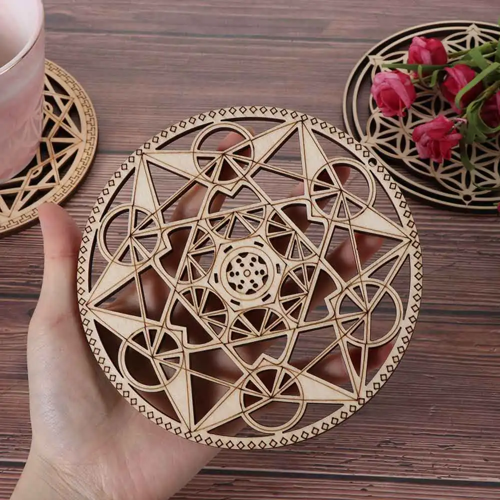 Natural Symbol Wood Chakra Flower of life Energy Mat Round Edge Circles Carved Coaster For Stone Crystal Set Kitchen Wall Decor