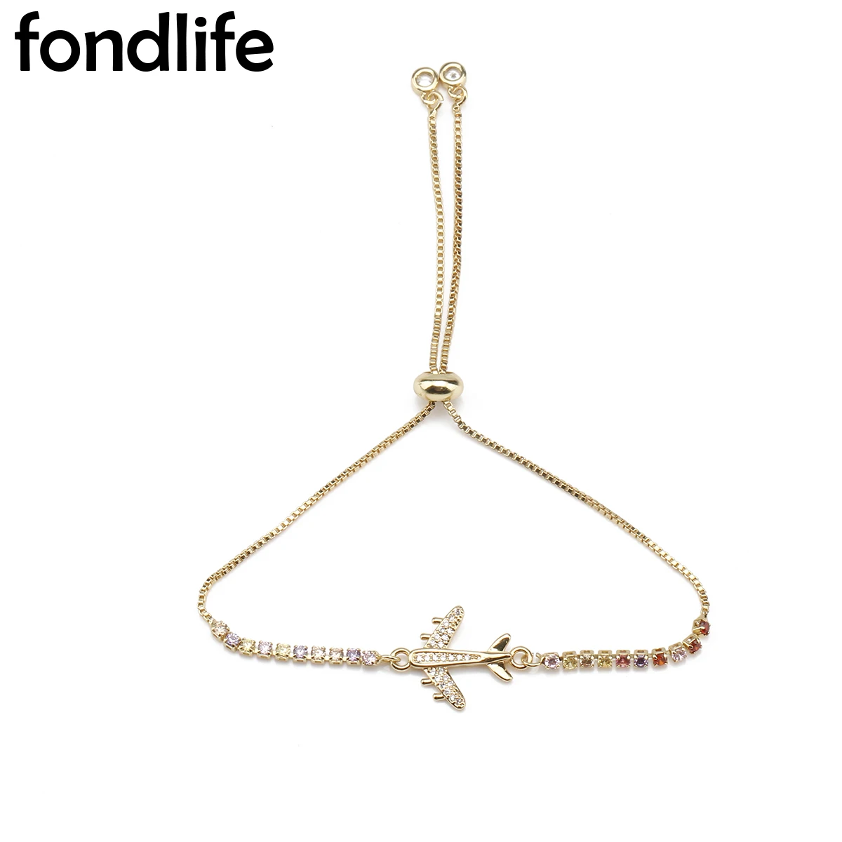 Cubic Zirconia Stone Gold-plated Copper Airplane Charm Bracelet Women CZ Stones Brass Beads Chain Slide Adjustable Jewelry Gift