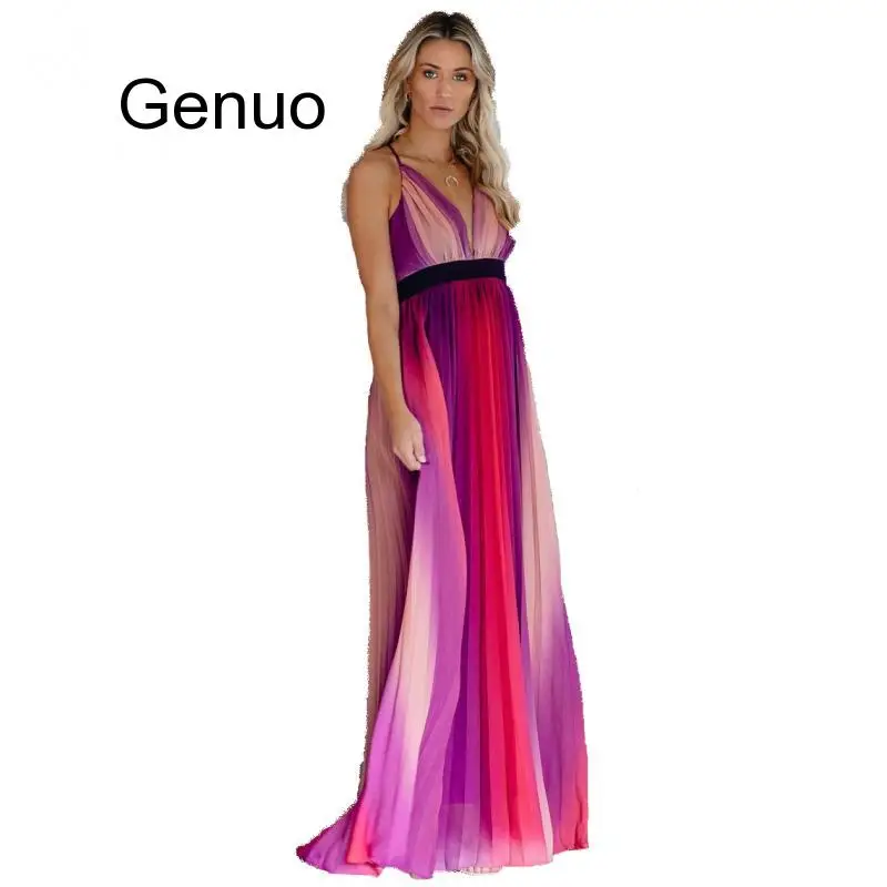 Vestido longo zíper cintura alta arco-íris impresso, boêmio, vestidos profundos, gola v, sexy, arco-íris, alça de malha, festa à noite, roupas femininas