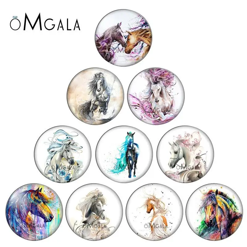 

Watercolorful Painting Horse Photos 10pcs mixed 12mm/18mm/20mm/25mm Round photo glass cabochon demo flat back Making findings