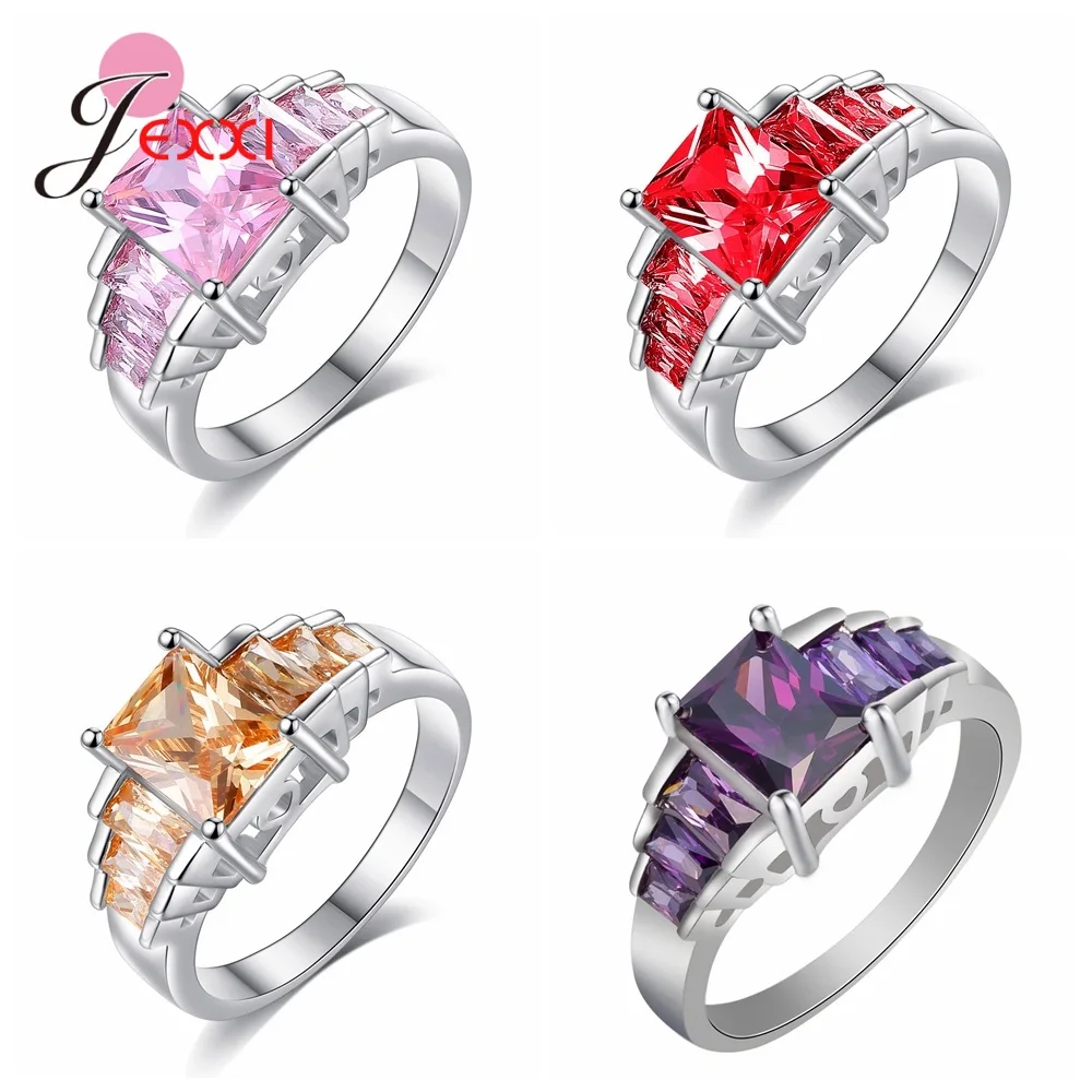 Super Cute Fashion Jewelry Gift Genuine 925 Sterling Silver Color Rings Multiple Colors For Choice Lovely Crystal Rings