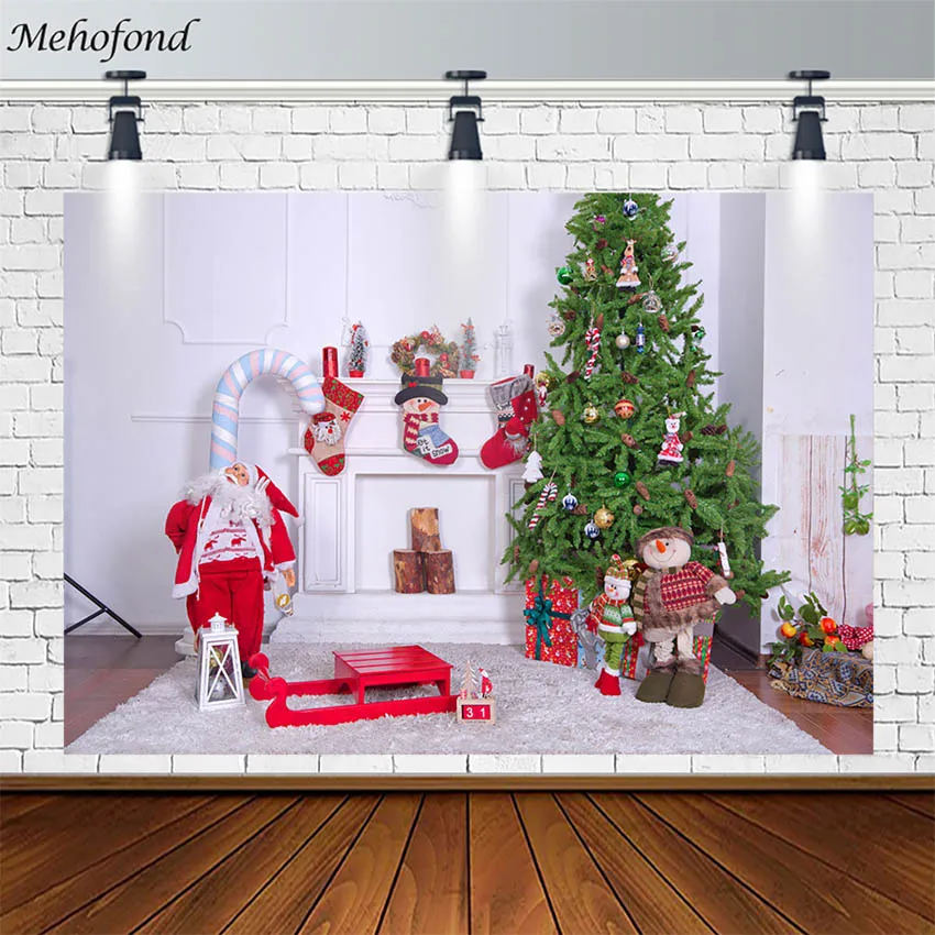 Christmas Backdrops For Photography Winter Tree Fireplace Santa Socks Snowman Kids Photo Background Studio Photocall Decor Props