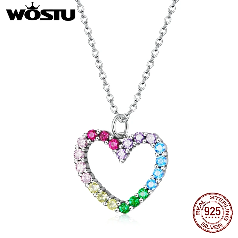 Wostu Necklace 925 Sterling Silver Love of Rainbow Colorful Dazzling Zircon Necklace Chain Link for Women Jewelry FIN449