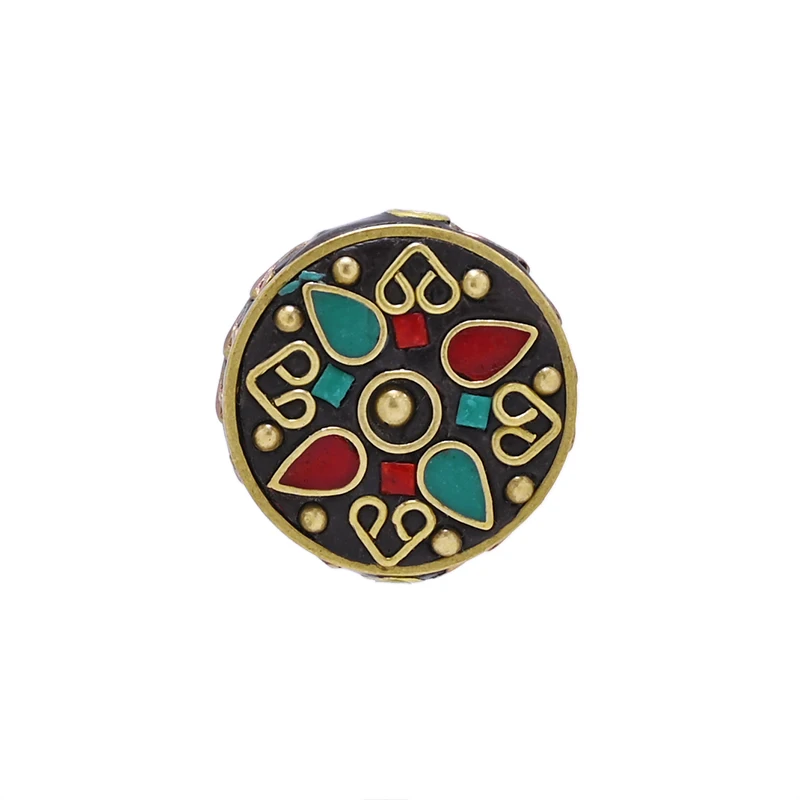 TZ-H Handmade Nepalese Buddhist Tibetan Brass Metal & Clay Loose Craft Beads for Necklace Jewelry Making DIY Flat Round