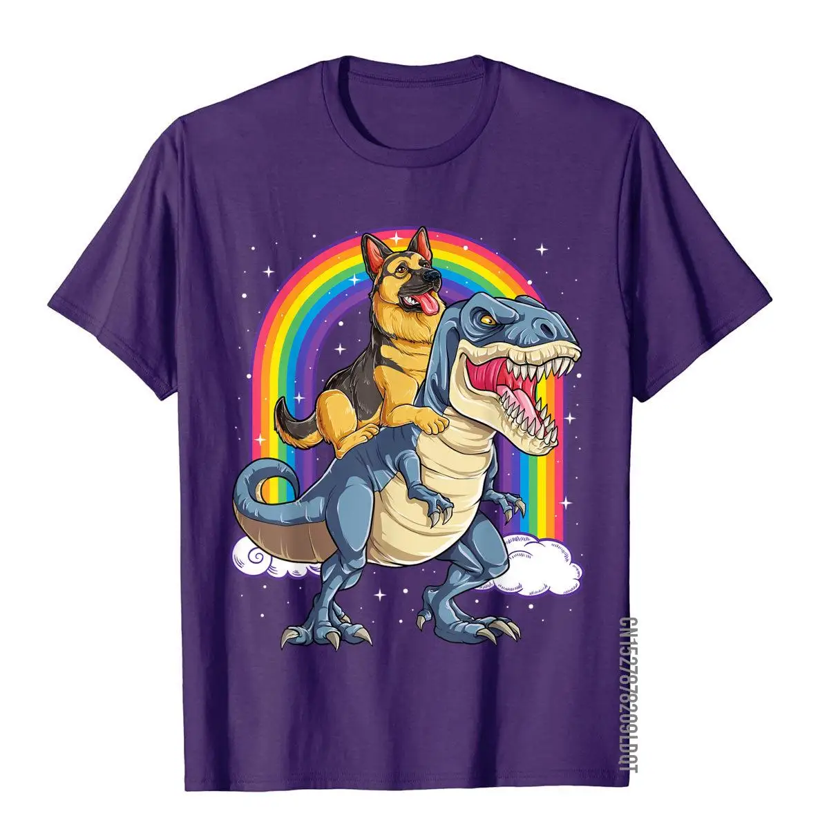 German Shepherd Riding Dinosaur T Rex Tshirt for Men Rainbow T-Shirt Cotton Design Tops T Shirt Faddish Mens T Shirts