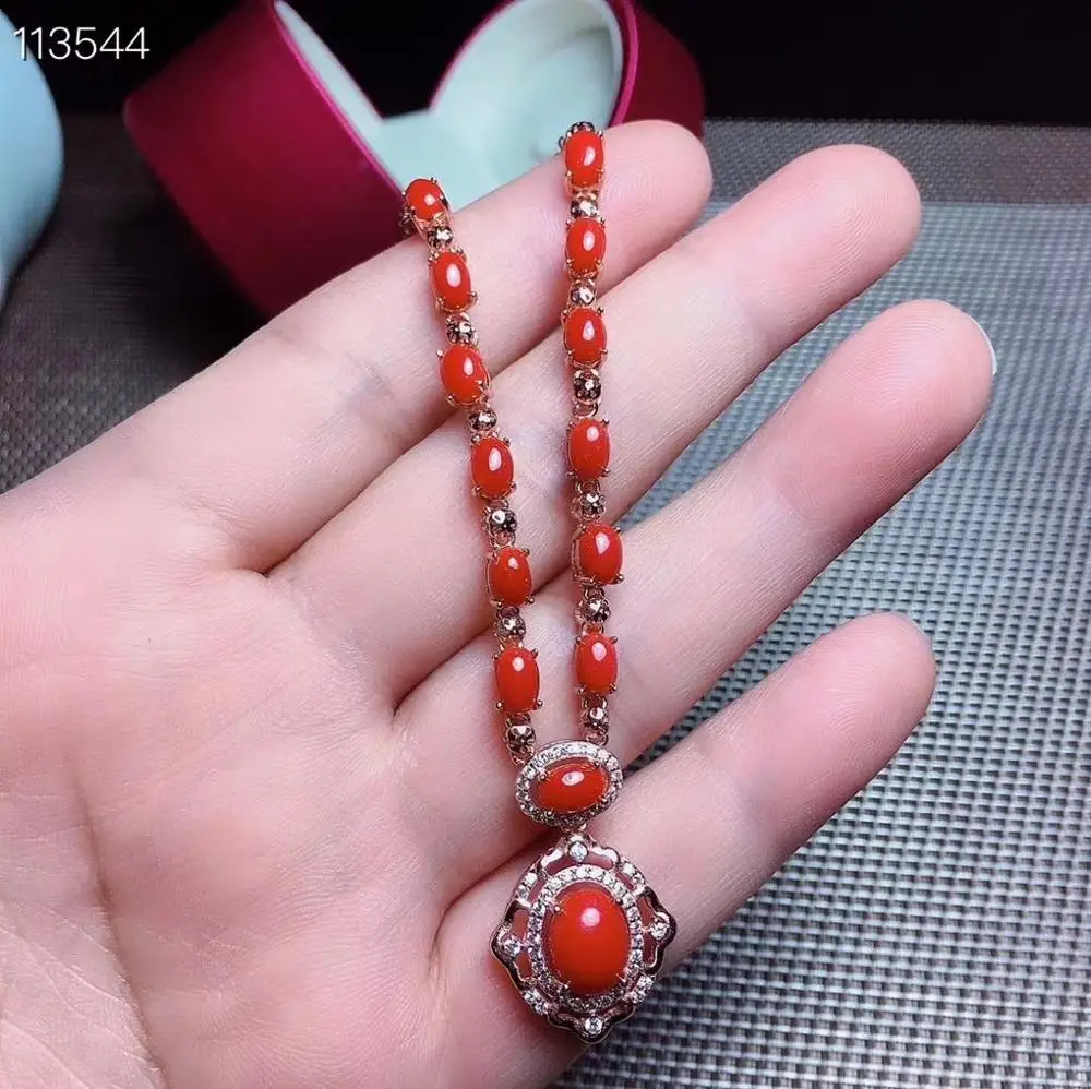 KJJEAXCMY fine jewelry 925 Silver inlaid Natural red coral Gemstone classic necklace ladies pendant support check Party Birthday