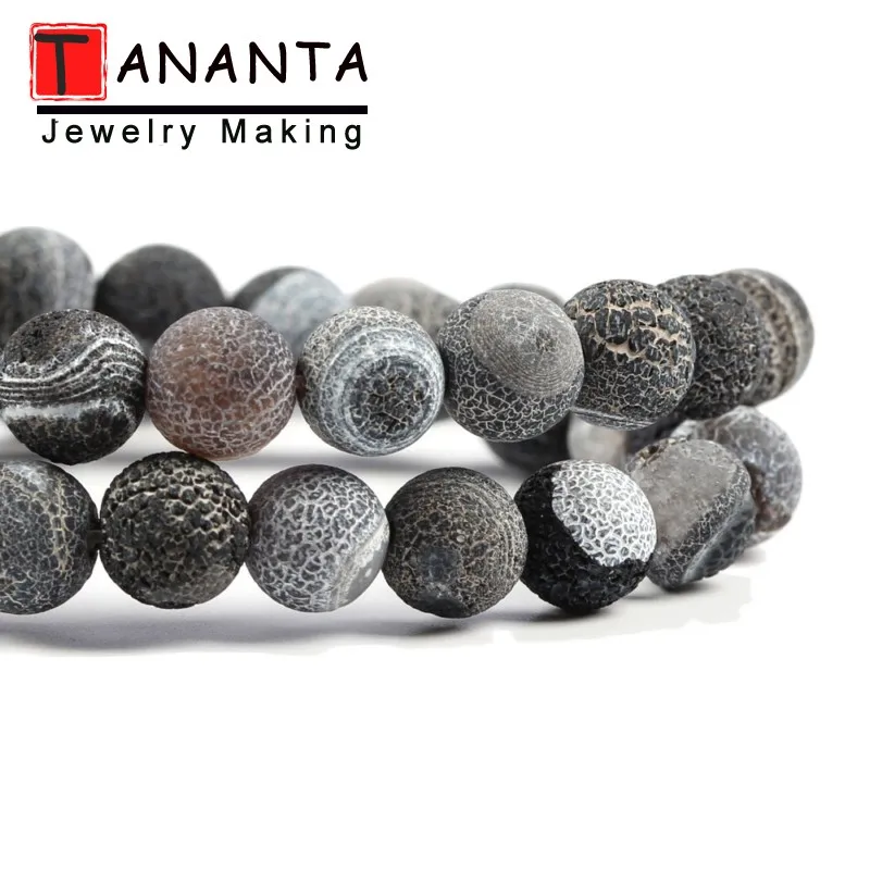 Natural Frost Cracked Agates Stone Round Black Matte Onyx Beads for Needlework Jewelry Making Diy Bracelet 4 6 8 10 12MM 15 Inch