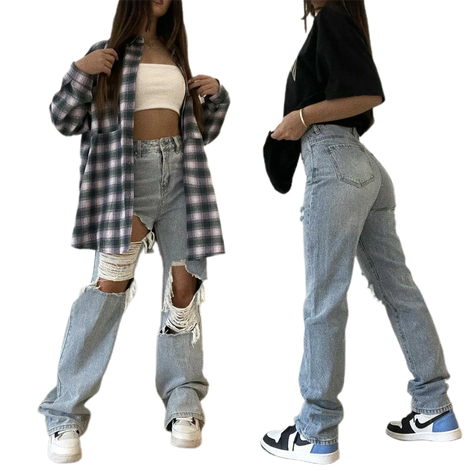 

Female Ripped Jeans High Waist Hollow Out Trousers Straight-Leg Pants for Spring Summer Fall Light Blue XS/S/M/L