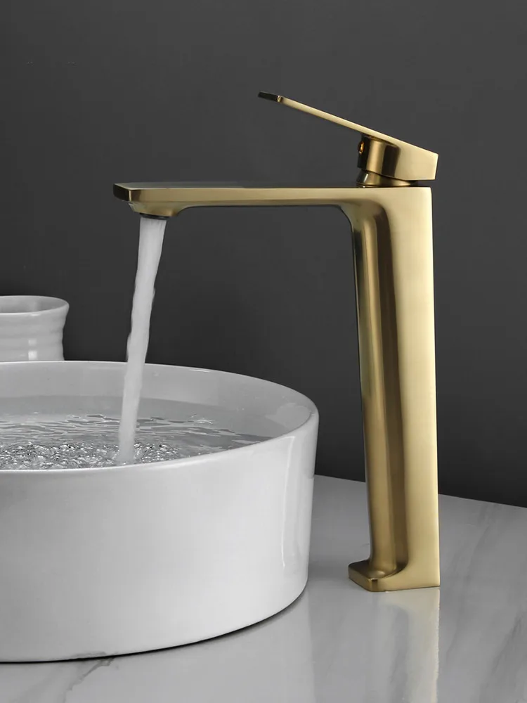 

Brushed Gold Bathroom Basin Faucets,Solid Brass Sink Mixer,Hot & Cold Single Handle Deck Mounted Lavatory Crane Water Taps, New