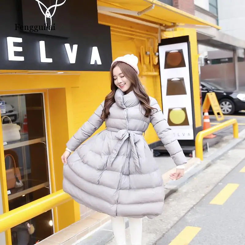 winter fashion women Coats medium-long cotton-padded jacket Thick lacing waist Large Hem Parka Overcoat