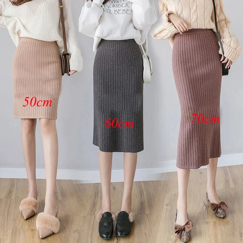 50-60-70 CM Fashion Autumn Winter Korean Knitted Women Skirts Elastic High Waist Split A-line Female Sexy Ribbed Skirts