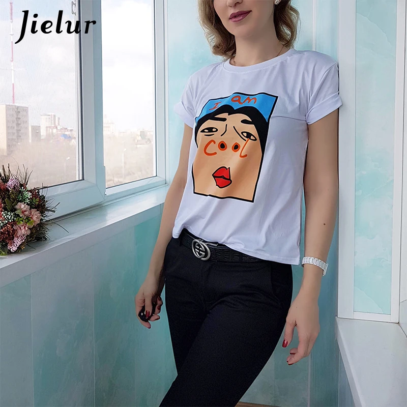 Jielur Harajuku I am Cool Funny Letter Print White T shirt Women Korean Creative Female T-shirt Fashion Spoof Black Top Tee S-XL image 6