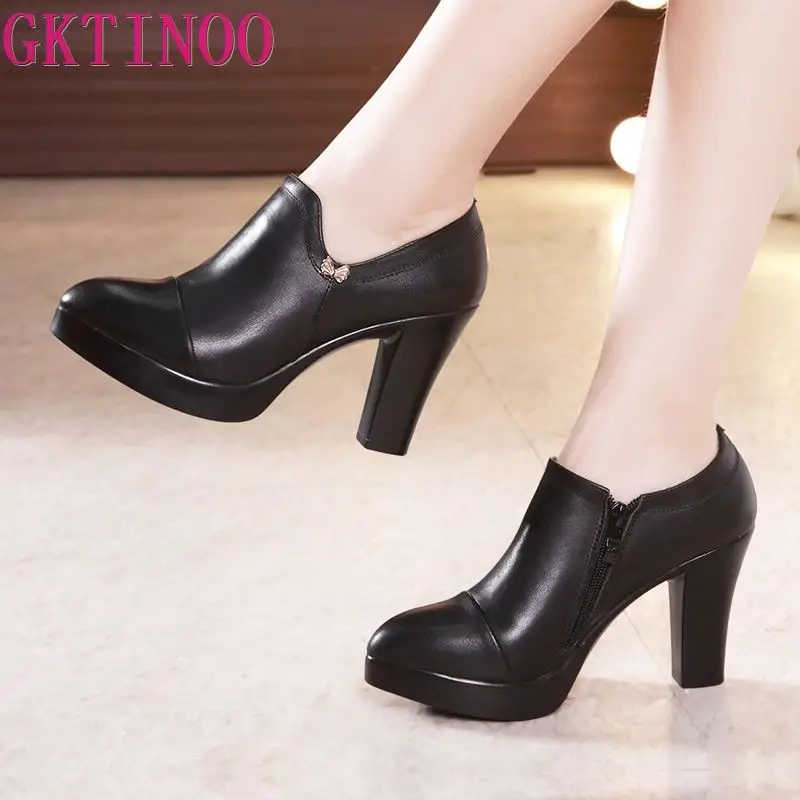 GKTINOO Deep Mouth Block Heels Pumps Women Platform Shoes 2024 Pointed Toe Leather Shoes Woman High Heel Office Shoe Black 42 43