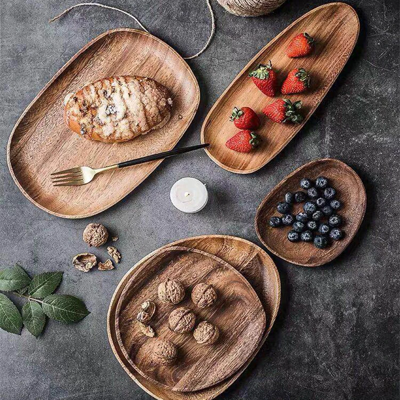 Whole Wood lovesickness Wood Irregular Oval Solid Wood Pan Plate Fruit Dishes Saucer Tea Tray Dessert Dinner Plate Tableware Set