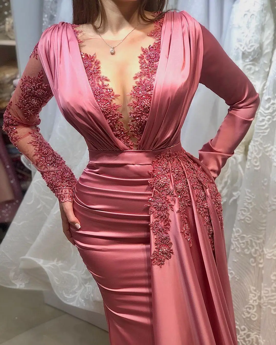 2025 Arabic Aso Ebi Lace Beaded Mermaid Prom Dress Sheer Neck Long Sleeves Evening Formal Party Second Reception Gown Customed