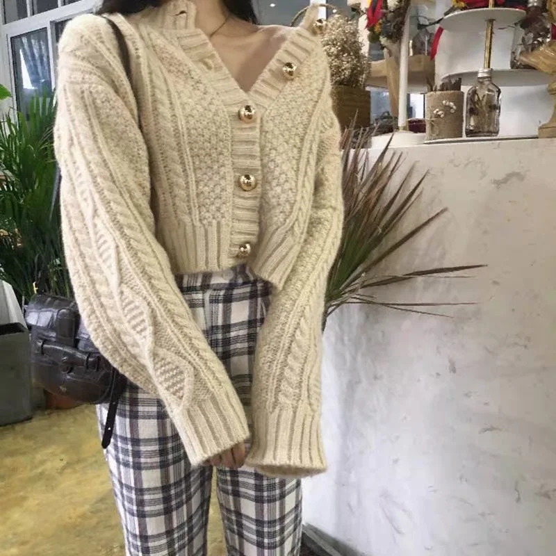 Short Women Knitted Sweaters Vintage O-neck Twist Chic Loose Female Cardigans Coats Casual Autumn Winter Solid Clothing Buttom