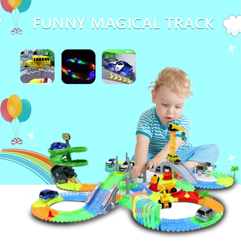 

Railway Magical Track Glowing Flexible Car Toys Children Racing Bend Rail DIY Led Electronic Flash Light Toy For Kids