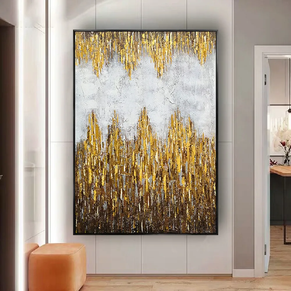 Hand-Painted Oil Painting Thick Fish Scale Knife Drawing Abstract Home Decor Wall Art Golden Texture Canvas Picture Living Room