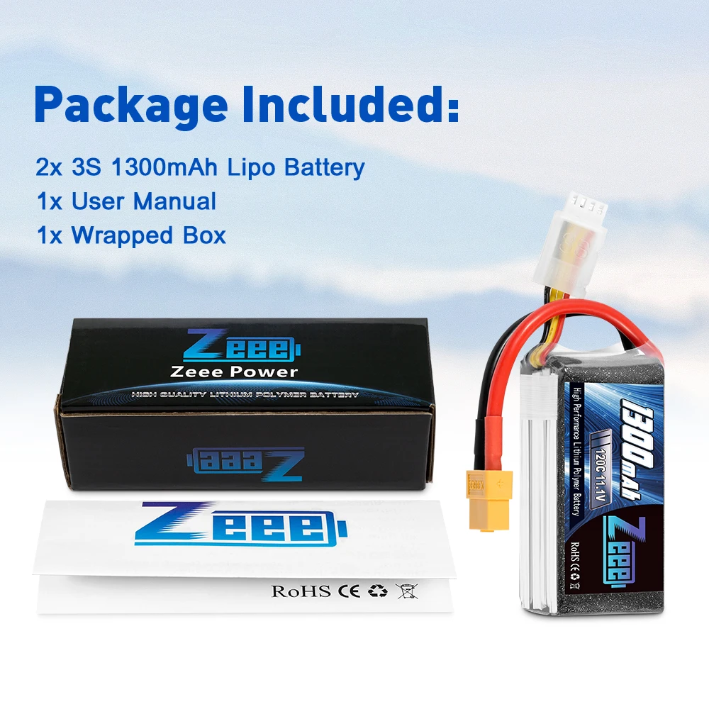 2units Zeee 3S RC Lipo Battery 11.1V 120C 1300mAh Softcase with XT60 Plug for RC Car Helicopter FPV Drone Airplane Racing Models