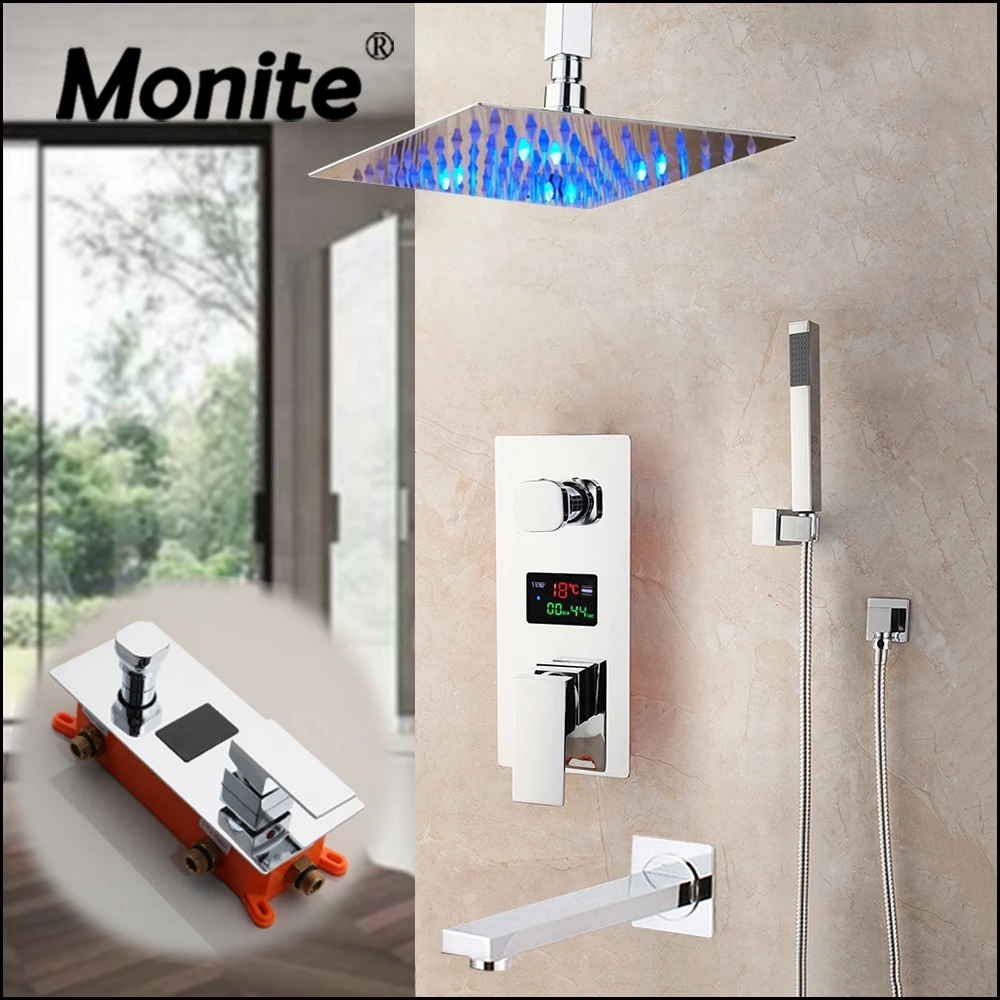 

Monite Chrome Polished Bathroom Shower Faucet Ceiling Mounted Rainfall Shower Head 2 & 3 Funcs Digital Display Mixer Shower Set