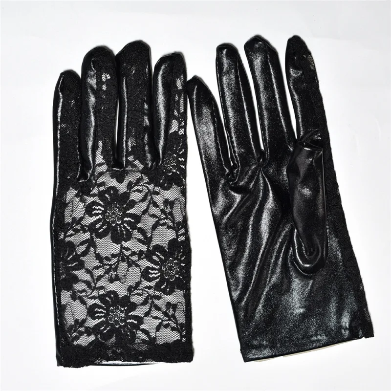 Short Paragraph Patent Leather Sexy Lace Women Black Gloves Metal Punk Style Bar Pole Dance Prom Decoration Etiquette Gloves